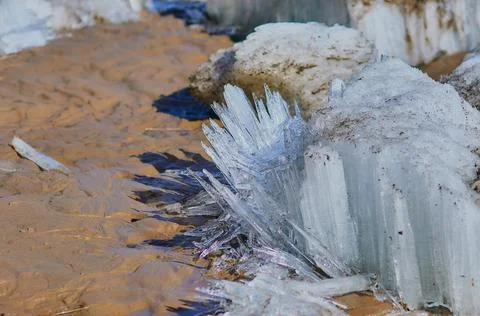 Ice structure of river hummocks in spring. Stock Photos