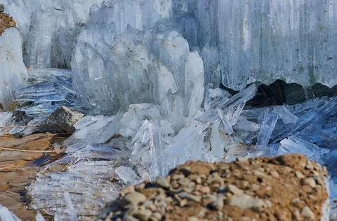 Ice structure of river hummocks in spring. Stock Photos