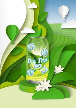 Ice tea ads template, vector illustration. Herbal soft drink packaging aluminum Stock Illustration