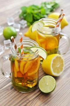 Ice tea with fresh lemons Stock Photos