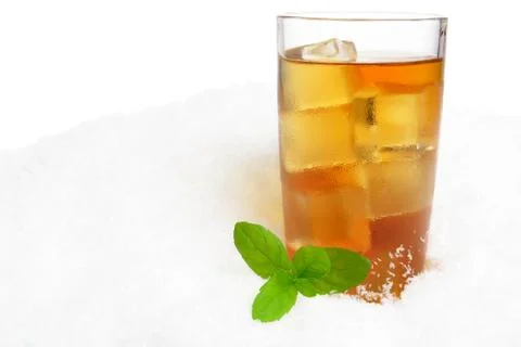 Ice tea with ice cubes,mint on ice on white background Stock Photos