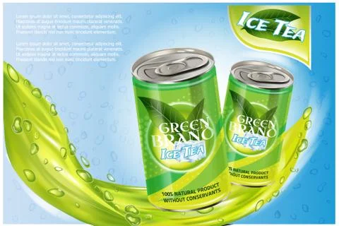 Ice tea products ad. Vector 3d illustration. Soft drink aluminium can template Stock Illustration