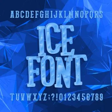 Ice typeface. Alphabet font. Letters and numbers. Abstract blue background. Stock Illustration