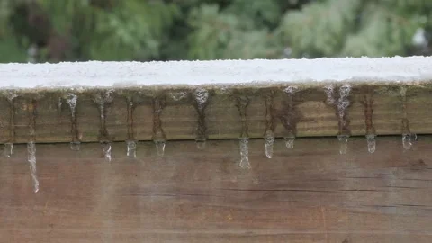 Ice on Wooden Railing Background for Winter Storm Coverage Stock Footage 327725095