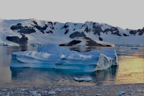 Iceberg during sunset, evening light water reflection, ice floes, Antarctica Stock Photos