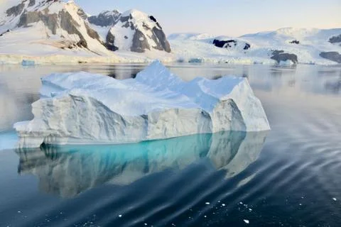 Iceberg reflection, calm blue ice water, soft evening light, glacier, Antarctica Stock Photos