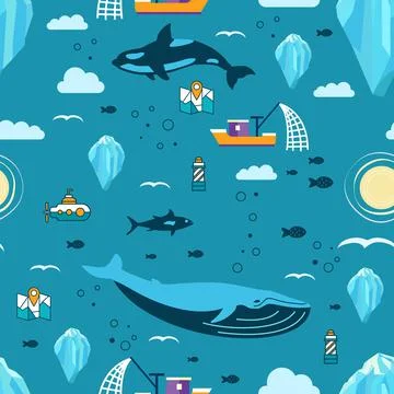Iceberg vector seamless pattern with mammals, fish and ship. Stock Illustration