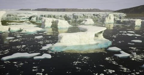 Icebergs drift in the calm waters of a remote Arctic landscape during summer Stock Illustration