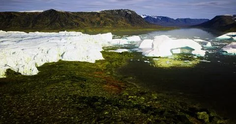 Icebergs float in calm waters amidst rugged mountains in Greenland Stock Illustration