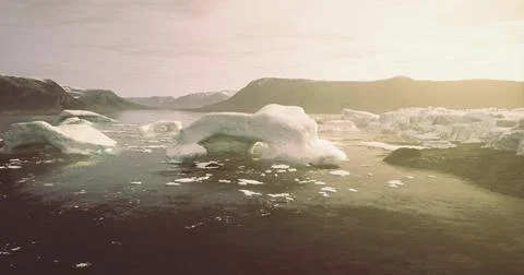 Icebergs float in calm waters under soft morning light in Arctic region Stock Illustration