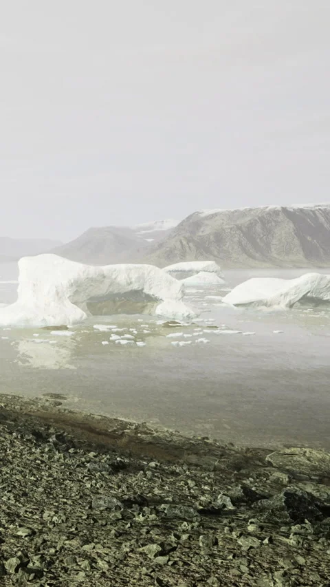 Icebergs float in cold water near barren shore with distant mountains Stock Footage 334884946