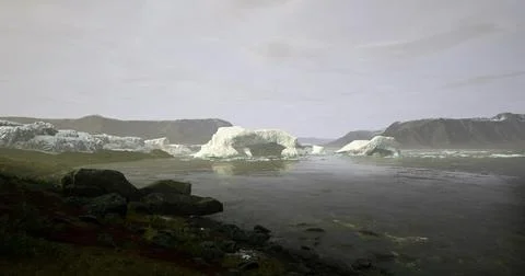 Icebergs float in serene waters surrounded by rocky shores at dawn Stock Illustration