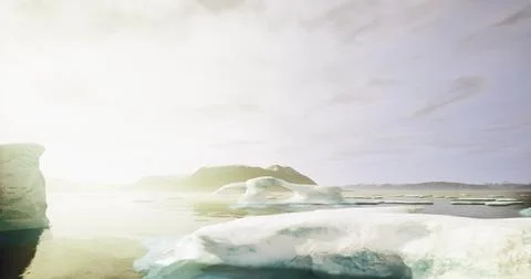 Icebergs float serenely in a calm arctic bay under soft sunlight Stock Illustration