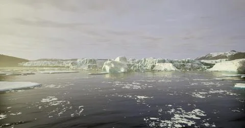 Icebergs float serenely in tranquil waters of a northern landscape at twiligh Stock Illustration