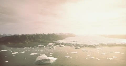 Icebergs float in the tranquil waters of a remote glacier bay at sunset Stock Illustration