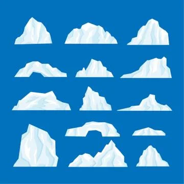 Icebergs set vector illustration isolated on white background in a cartoon flat Stock Illustration