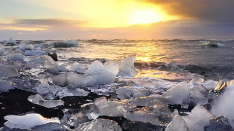 Icebergs shining on a black beach during golden hour. Sunrise on Diamond Beach Vidéo 167333355