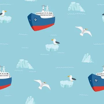 Icebreaker and icebergs seamless pattern. Cute Cartoon arctic nature backgrou Stock Illustration