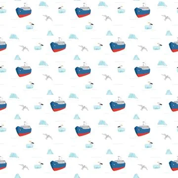 Icebreaker and icebergs seamless pattern. Cute Cartoon arctic nature backgrou Stock Illustration