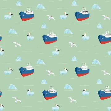 Icebreaker and icebergs seamless pattern. Cute Cartoon arctic nature backgrou Stock Illustration