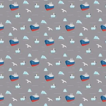 Icebreaker and icebergs seamless pattern. Cute Cartoon arctic nature backgrou Stock Illustration