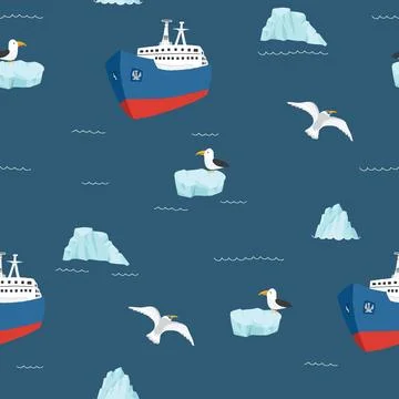 Icebreaker and icebergs seamless pattern. Cute Cartoon arctic nature backgrou Stock Illustration