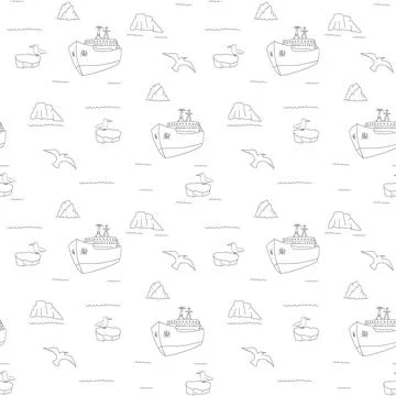 Icebreaker and icebergs seamless pattern. Cute Cartoon arctic nature backgrou Stock Illustration