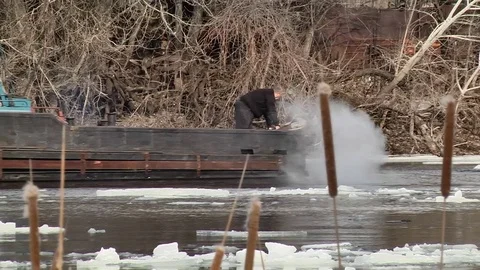 Icebreaker breaks a path in the ice Stock Footage 74247703