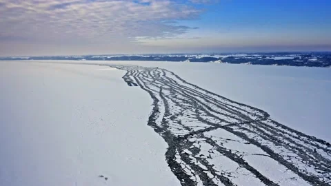 Icebreakers crushing ice on the Vistula River, Plock, 2020-02-18 Stock Footage 148936383