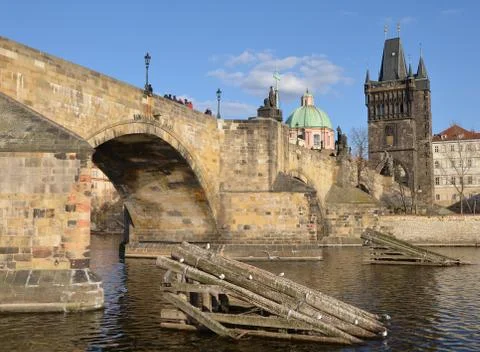 Icebreakers before the pillars of the charles bridge Stock Photos