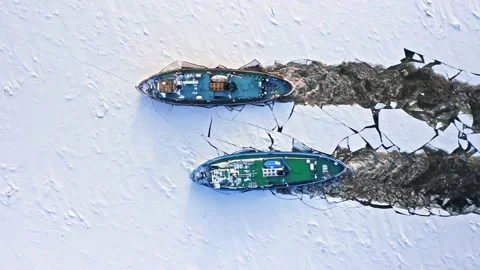 Icebreakers on Vistula river crushes the ice, 2020-02-18, Poland Stock Footage 148939071