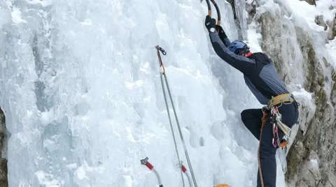 Iceclimbing icefall. Stock Footage 48240221
