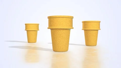 Icecream Cones on a Light Reflective Floor. Waffle Cones 3D Animation. 4K Stock Footage 299805166