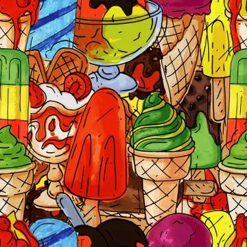 Icecream seamless pattern. Cartoon cold vanilla dessert seamlessly background 스톡 일러스트