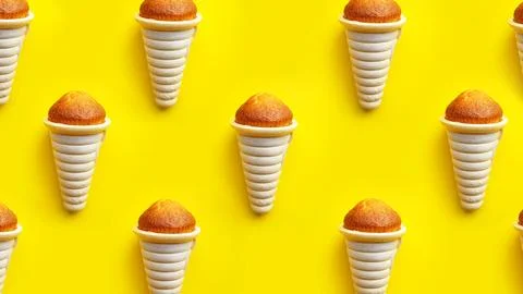 Icecream waffle cone pattern isolated on yellow background Stock Photos