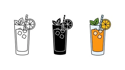 Iced cocktail drink with orange slice icon set Stock Illustration