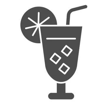 Iced cocktail with slice of lemon and srtraw solid icon, drinks concept, summer Stock Illustration