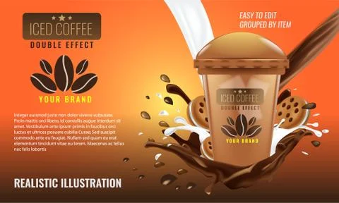 Iced coffee cup with pouring down chocolate splash and cookies advertising Stock Illustration