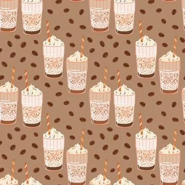 Iced coffee drink vector seamless pattern illustration. Scattered coffee be.. Stock Illustration