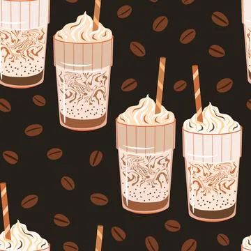 Iced coffee drink vector seamless pattern illustration. Scattered coffee be.. Stockillustratie