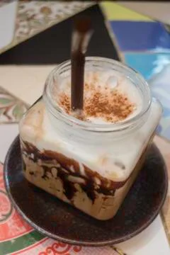 Iced coffee mocha serving on table Stock Photos