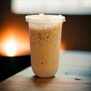 Iced coffee in a plastic cup placed on a wooden table. The background is or.. Stock Photos