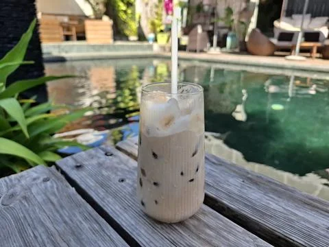 Iced Coffee by the Pool Stock Photos