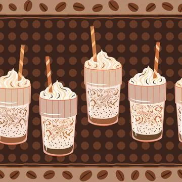Iced coffee seamless pattern vector illustration. Frappe glasses with whipp.. Stock Illustration