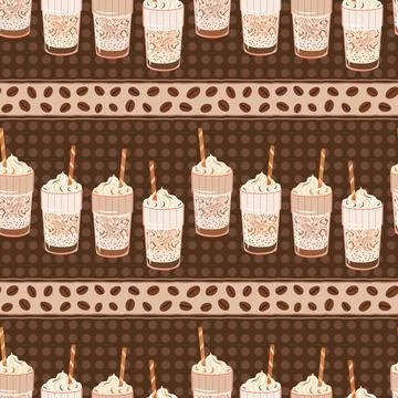 Iced coffee seamless pattern vector illustration. Frappe glasses with whipp.. Stockillustratie