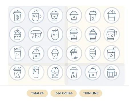 Iced Coffee Vector Icon Set with 24 Thin Line 256x256 Pixel Optimized Graphic Stock Illustration