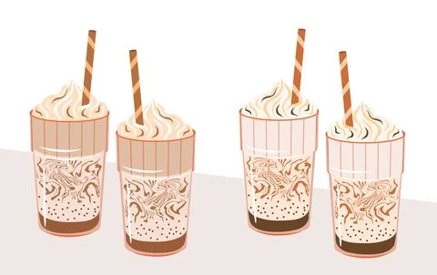 Iced coffee vector illustration set. Ribbed glasses of delicious frappe cof.. Stock Illustration
