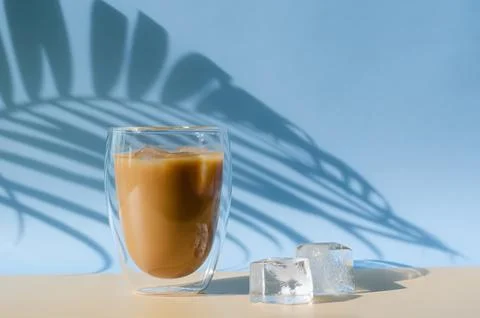 Iced latte coffee with iced cube on the floor and shadow from coconut leaf Stock Photos