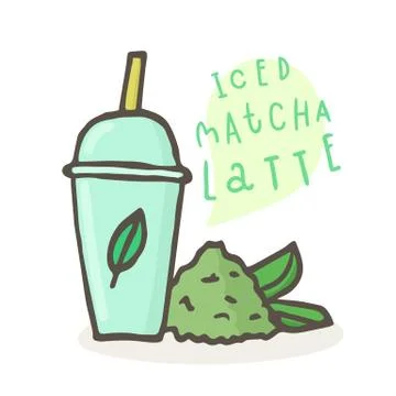 Iced matcha latte. Plastic cup and tea powder. Stock Illustration
