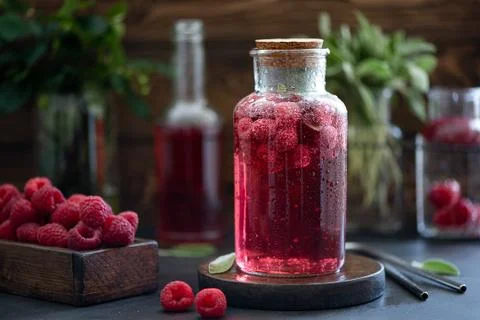 Iced raspberry lemonade with mint Stock Photos